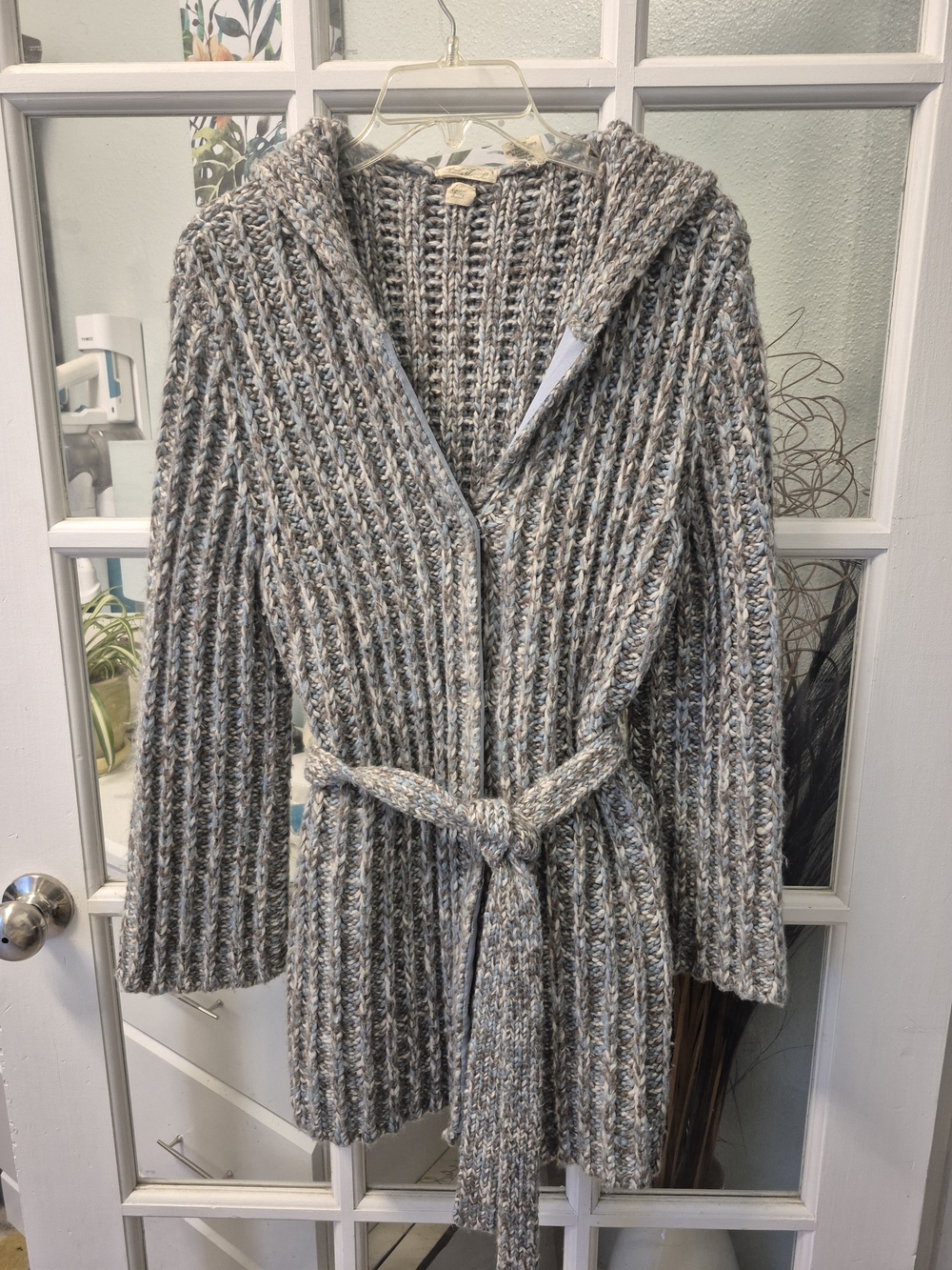 Cozy Hooded Ribbed Knit Belted Sweater Cardigan Style Coat
